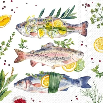 Image de IHR Lot de 20 serviettes table en papier avec motif poisson et citron Convient également pour le découpage la technique des 33 x cm