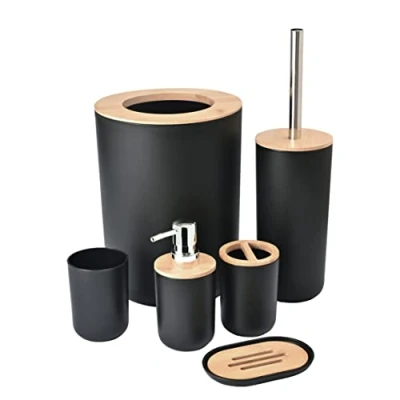 Image de Yorkmills Lot de 6 accessoires salle bain en bambou,Noir,Poubelle bain,Brosse WC durable,Porte brosse à dents,Distributeur savon avec pompe,Porte savon,Poubelle moderne
