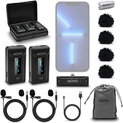 Image de Movo WMX 2 L DUO Double microphone Lavalier sans fil pour iPhone avec étui de chargement, micros intégrés, à pince, batterie 7HR, portée 328&#039; Microphones l&#039;enregistrement vidéo