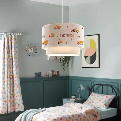 Image de lux.pro Suspension Luminaire Charmante pour Enfant Plafonnier Lustre Lampe à Suspendre Accueillante Abat jour Double Chambre d&#039;Enfant E27 Plastique Tissu Hauteur 70cm Motif Engins de Chantier Blanc
