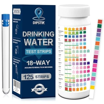 Image de DIPSTIK 18 en 1 Kit Test Eau Potable 125 Bandelette Piscine Puits,Test dureté, chlore/brome libre, mercure, alcalinité, fluorure, pH et plus