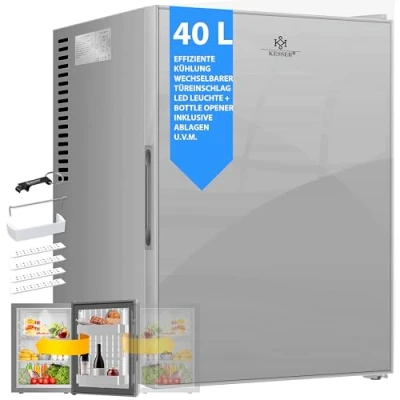 Image de KESSER® Mini réfrigérateur avec façade en verre, 40 l, silencieux, 22 dB, verrouillable, pour chambre à coucher, butée de porte interchangeable, env. 6 12 C, 57 cm haut, éclairage intérieur
