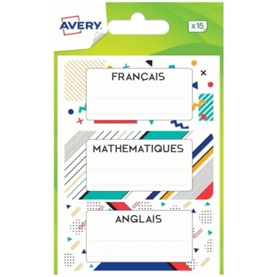 Image de AVERY 15 Étiquettes Cahier Fantaisie Design Graphique Multicolore Matières Scolaires Pré Imprimées Format 76 x 34 mm