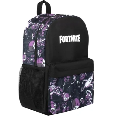 Image de Fortnite Grand sac à dos d&#039;école pour garçons Noir A4 Multicompartiments Avec poches en maille et bretelles rembourrées réglables, noir/lilas
