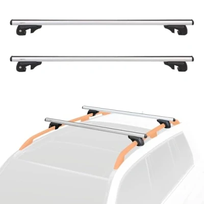 Image de Amazon Basics Lot de 2 pièces transversales toit, 132.1 cm, compatible avec les rails toit surélevés d’une largeur 98 à 116,8 noir/argenté
