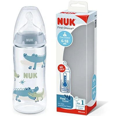 Image de NUK First Choice+ biberon 6 18 mois Contrôle de la température l’écoulement Système d’aération anti colique 360 ml Sans BPA Tétine en silicone Crocodile (bleu)
