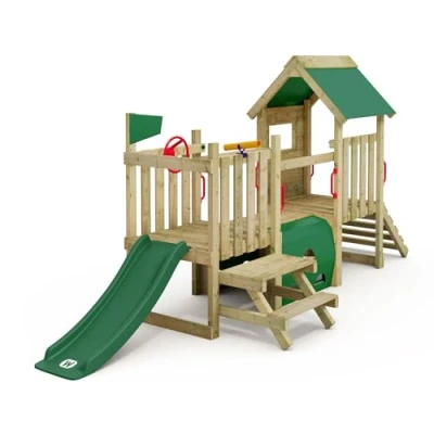 Image de Wickey My First Playground 1 Aire de Jeux pour Petits Enfants, Structure à Grimper, Jeu Jardin Enfants en Bois Massif imprégné avec Toboggan Rouge et bâche