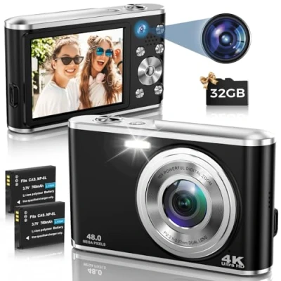 Image de Appareil Photo numérique Compact 4K Autofocus avec Carte SD 32G Double caméra Avant et arrière, HD 48MP Grand écran 2.8&quot;, Zoom 16X, pour Les débutants (Noir)