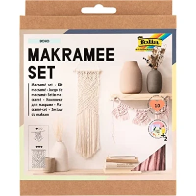 Image de folia 23719 Ensemble macramé boho 10 pièces, fil (beige naturel), (rose), bâton en bois, perles 100% coton, avec instructions (français non garanti)