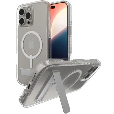 Image de ZAGG Crystal Palace Snap KS renforcée au graphène avec Kickstand béquille intégrée pour iPhone 16 Pro Max [6.9 Pouces], Compatible MagSafe, Anti jaunissement, Chocs (Transparent)