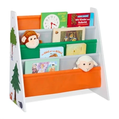 Image de Relaxdays Bibliothèque pour Enfants, HxLxP : 60 x 62,5 28 cm, 4 Cases suspendues, Motifs Animaux de forêt, colorée