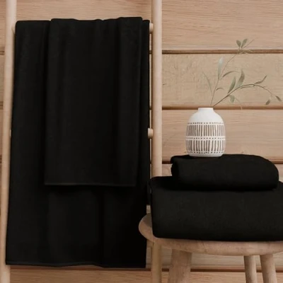 Image de PETTI Artigiani Italiani Serviettes de Bain 100% éponge Coton, Ensemble 1+1, 2 pièces 1 Serviette Visage et Main, Noires