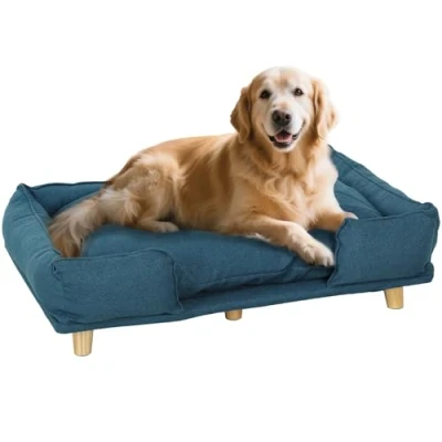 Image de PawHut canapé pour chien, animaux de compagnie avec coussin, lit chien design surélevé, chat, fauteuil pieds en bois, polyester,