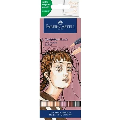 Image de Faber Castell 164812 Goldfaber Sketch Marker Portrait, étui de 6 marqueurs à alcool avec pointe Brush et Fineliner