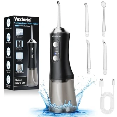 Image de Vexloria Jet Dentaire Hydropulseur Portable 300 ML Water Flosser, Avec 3 Modes de Pression d&#039;eau et 4 Embouts Remplaçables, Irrigateur USB Rechargeable Étanche IPX7