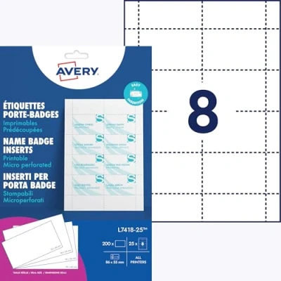 Image de AVERY 200 Cartes Blanches pour Badges 190 g/m² Format 86 x 55 mm Impression Laser et Jet d&#039;Encre