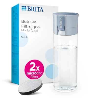 Image de BRITA Bouteille filtrante bleu clair (600 ml) avec 2 filtres MicroDisc portable pour l&#039;hydratation en déplacement, filtre le chlore, les impuretés organiques, hormones et