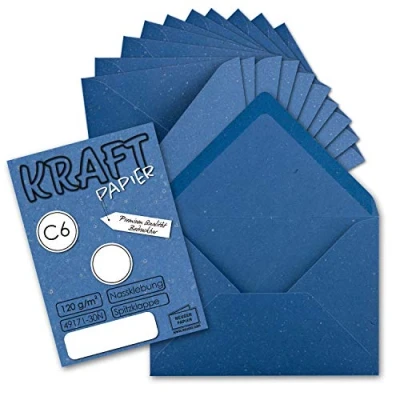 Image de Neuser Paper Lot de 25 enveloppes en papier kraft Format C6 Bleu 11,4 x 16,2 cm Sans fenêtre Vintage avec fermeture humide Rabat pointu