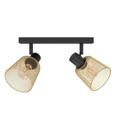 Image de Eglo Rail spot Coslada, rampe de 2 spots orientables, barre pivotants au style industriel, plafonnier grillage en métal noir et laiton brossé, lampe plafond avec douille E27