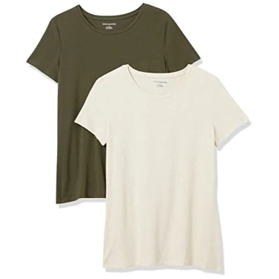 Image de Amazon Essentials T Shirt Col Rond à Manches Courtes Coupe Classique Femme, Lot de 2, Avoine Chiné/Vert Olive, S