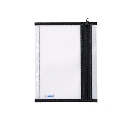 Image de HERMA 20029 Pochette de classeur A5 avec fermeture éclair noire transparente, grande poche transparente et perforée éclair, sac rangement pour documents, documents