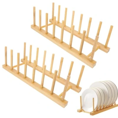 Image de JJiaoLinin Égouttoirs Vaisselle，2 Pcs Support de Rangement en Bambou, 7 Compartiments Cuisine Egouttoir Bambou pour Tasses, couvercles casseroles, Planches à découper, Livres, Les CD