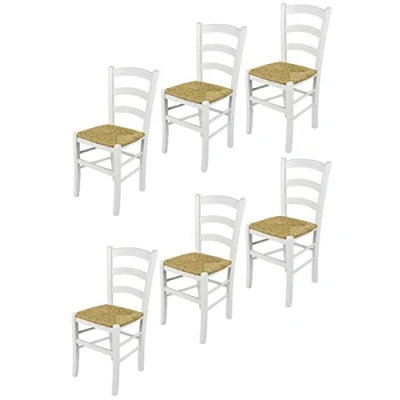 Image de t m c s Tommychairs Set 6 chaises Venezia pour Cuisine, Bar et Salle à Manger, Robuste Structure en Bois de hêtre laqué Couleur Blanc Assise Paille