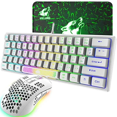 Image de K61 UK Disposition RVB 60 % clavier de jeu filaire 62 touches Mini portable 7 LED rétroéclairé 19 Anti ghosting + souris ultra légère 2400 DPI Coque nid d&#039;abeille tapis