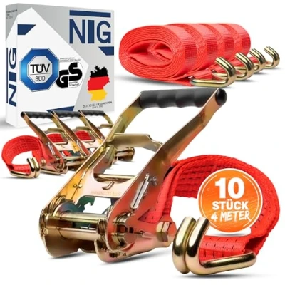 Image de Lot de 10 Sangles d&#039;arrimage 4 m 5 t (2500/5000 daN, kg) En deux parties 50 mm Avec cliquet et crochet à Certifié TÜV/GS