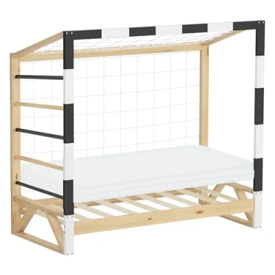 Image de ML Design Lit d&#039;enfant Football 70x140 cm avec Matelas en Mousse Housse Amovible, Blanc et Noir, Cadre Bois de Pin Massif Robuste, Sommier à Lattes Filet But, pour Garçon Fille Adolescent