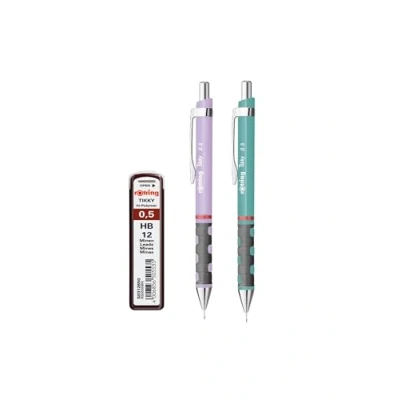 Image de rOtring Tikky Lot de 2 porte mines pastel avec recharges à haute teneur en polymère HB 0,5 mm, fleur d&#039;orchidée, bleu mer