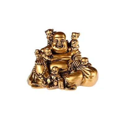 Image de lachineuse Statuette Bouddha Rieur avec 5 Enfants Statue 14 cm Coloris Doré Décoration Feng Shui Objet Déco Zen Chinoise pour Intérieur, Salon Idée Cadeau Chine Asie Porte Bonheur