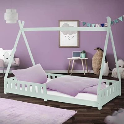 Image de ML Design Lit d&#039;enfants Tipi 90x200 cm Vert Menthe avec Protection Antichutes et Sommier à Lattes, Bois de Pin, Indien Filles/Garçons, d&#039;Intérieur Clôture, Maison Tente Jeu