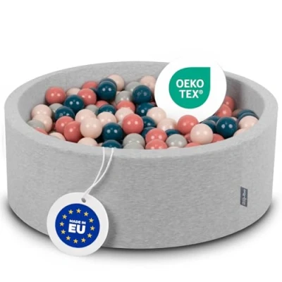 Image de KiddyMoon Piscine À Balles pour Bébé Rond 90X30cm/200 7Cm Fosses Boules Jouet Enfant, Gris Clair:Turquoise Foncé/Beige Pastel/Gris De Vert/Saumon