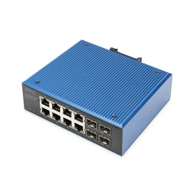 Image de DIGITUS Commutateur de réseau 12 Ports Gigabit Ethernet 8X RJ45 + 4X SFP IP40 10/100/1000 Mbit/s Montage sur Rail DIN série Industrielle Noir/Bleu