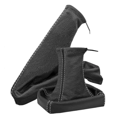 Image de soufflet de levier vitesse et frein à main compatible avec Opel Astra G Accessoires d&#039;intérieur Pommeau en cuir véritable noir Coutures grises