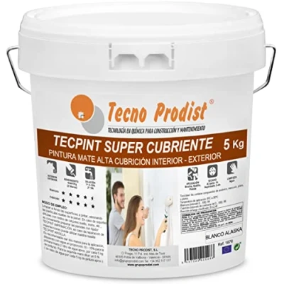 Image de TECPINT Super Cubrient de Tecno Prodist 5 kg(BLANC ALASKA) Peinture pour extérieur et intérieur à l&#039;eau Recouvrement supplémentaire, finition blanche Alaska, Lavable Sans odeur Application facile