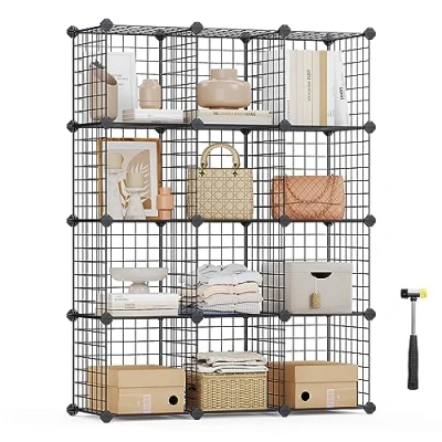 Image de SONGMICS Armoire de Rangement, 12 Compartiments, Étagère, Panneaux en Treillis, 4 Niveaux, 3 Rangs, Grande Capacité, Maillet Caoutchouc, Dimensions 93 x 31 123 cm (L l H), Noir LPI34H