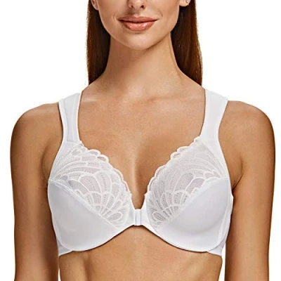 Image de MELENECA Femme Soutien Gorge Grande Taille Fermeture Devant Dentelle Sangle Coussin Couverture Totale Non Rembourré à Armature Blanc 115E