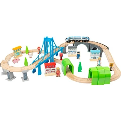 Image de Small Foot 11492 ferroviaire en Bois, avec Pont Suspendu et Tunnels, Univers de Jeu sur Deux Niveaux Jouets, Multicolore
