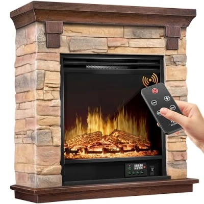 Image de KESSER® Cheminée électrique foyer avec effet de flammes LED 3D, chauffage, fonction chauffage d&#039;une puissance 1800W, Naturel/brun