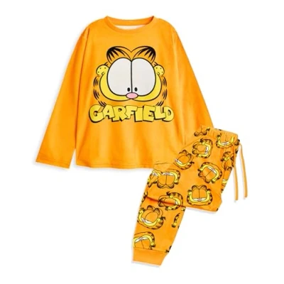 Image de Garfield Ensemble Pyjama 2 pièces pour Enfants Bas à Jambes Longues et Haut de Nuit Manches imprimé Chat Paresseux Orange