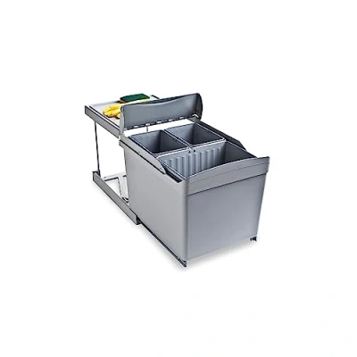 Image de Emuca Poubelles de recyclage pour la cuisine, 1 x 16L + 2 7,5L, fixation inférieure et extraction automatique, Plastique gris