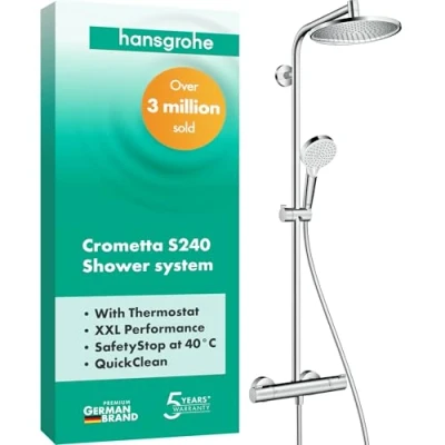 Image de hansgrohe Crometta S Colonne de douche avec mitigeur thermostatique, pluie 240 mm robinet, douchette, support, flexible douche, barre et tête ronde 1 jet, Chromé, 27267000