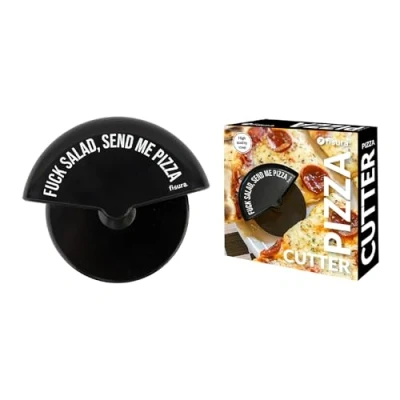 Image de Fisura Coupe pizza original &quot;f*ck salad&quot;. amusant avec roulette. Couteau à en acier inoxydable et ABS. Dimensions : 7,5 x 5,5 centimètres.