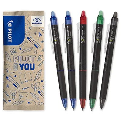 Image de PILOT 5 FriXion Point Clicker Encre Gel Effaçable Stylo Roller Rechargeable, Rétractable et Ergonomique 2 Bleus, 1 Rouge, Vert, Noir Pointe fine