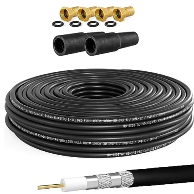 Image de HB DIGITAL Câble coaxial SAT HQ135 PRO de 10 m avec 2 douilles en caoutchouc + 4 fiches F plaquées or gratuites d&#039;antenne satellite quadruple blindage Pour installations DVB S/S2 C/C2