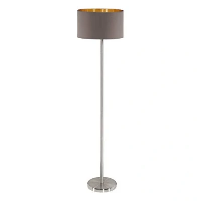 Image de Eglo Lampdaire MASERLO, lampe de sol en textile à flamme, sur pied ovale acier et tissu, couleur : nickel mat, cappuccino, or, douille E27, interrupteur inclus