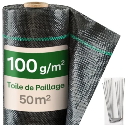 Image de Praknu Toile de Paillage 1m x 50m Bache Geotextile Tissé avec 24 Piquets Anti Mauvaise Herbe Rouleau 100g/m² Perméable à l&#039;eau &amp; UV Résistante