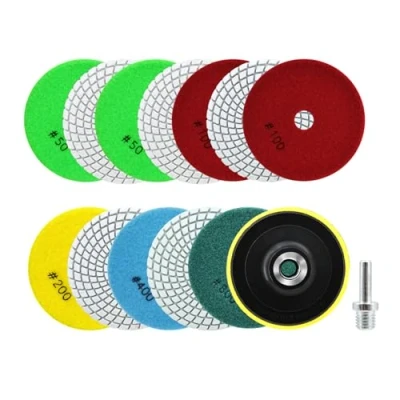 Image de SANLEETEK Disque Polissage Diamant 12 Pièces 100mm Tampon Grain 50x4/100x3/200x2/400x2/800 avec M14 Support Pads+Adaptateur pour Granit Marbre Pierre Artificielle Quartz